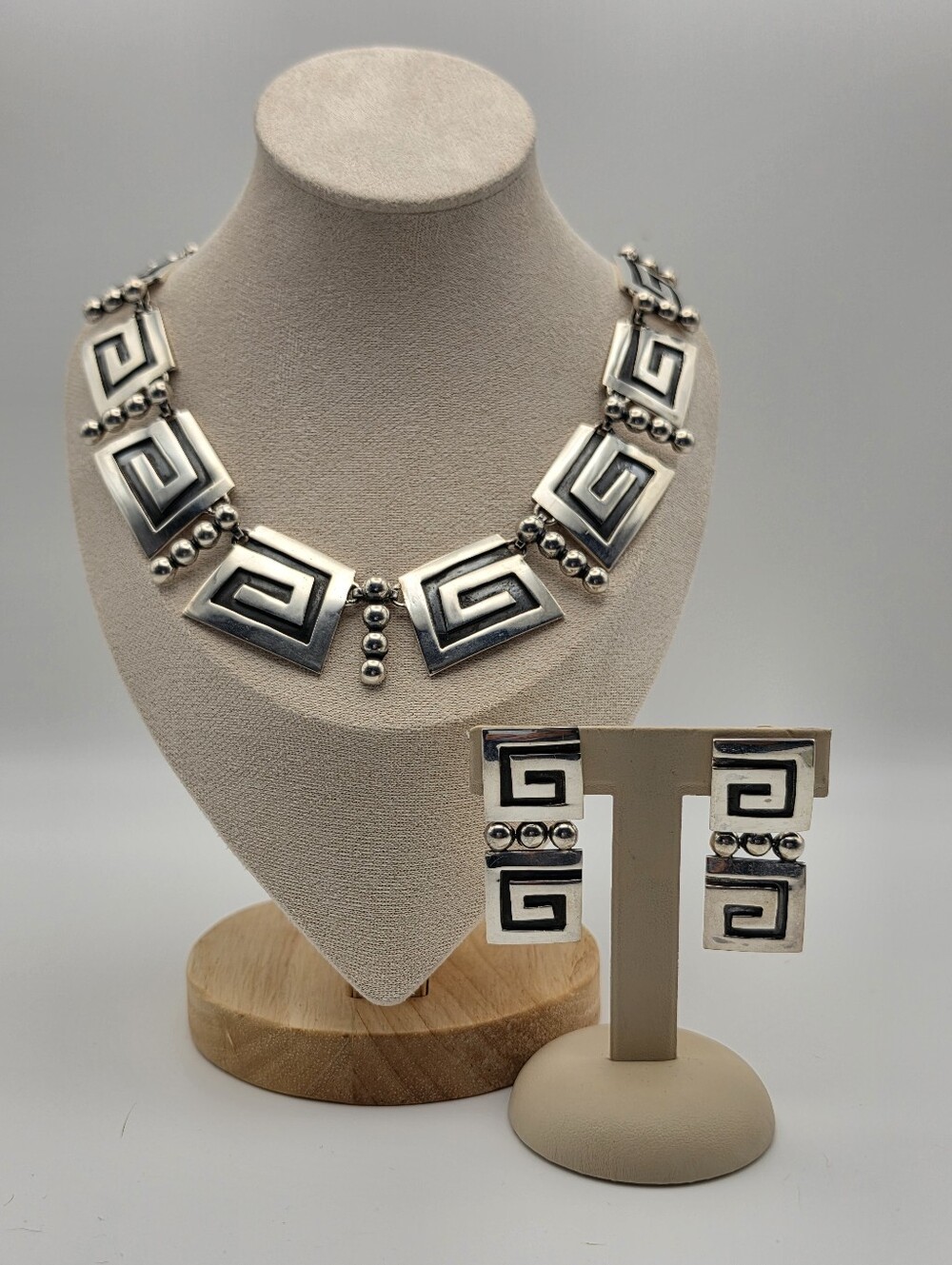 Mexican .925 Sterling Silver Meander (Greek Key)  Overlay Necklace and Earrings